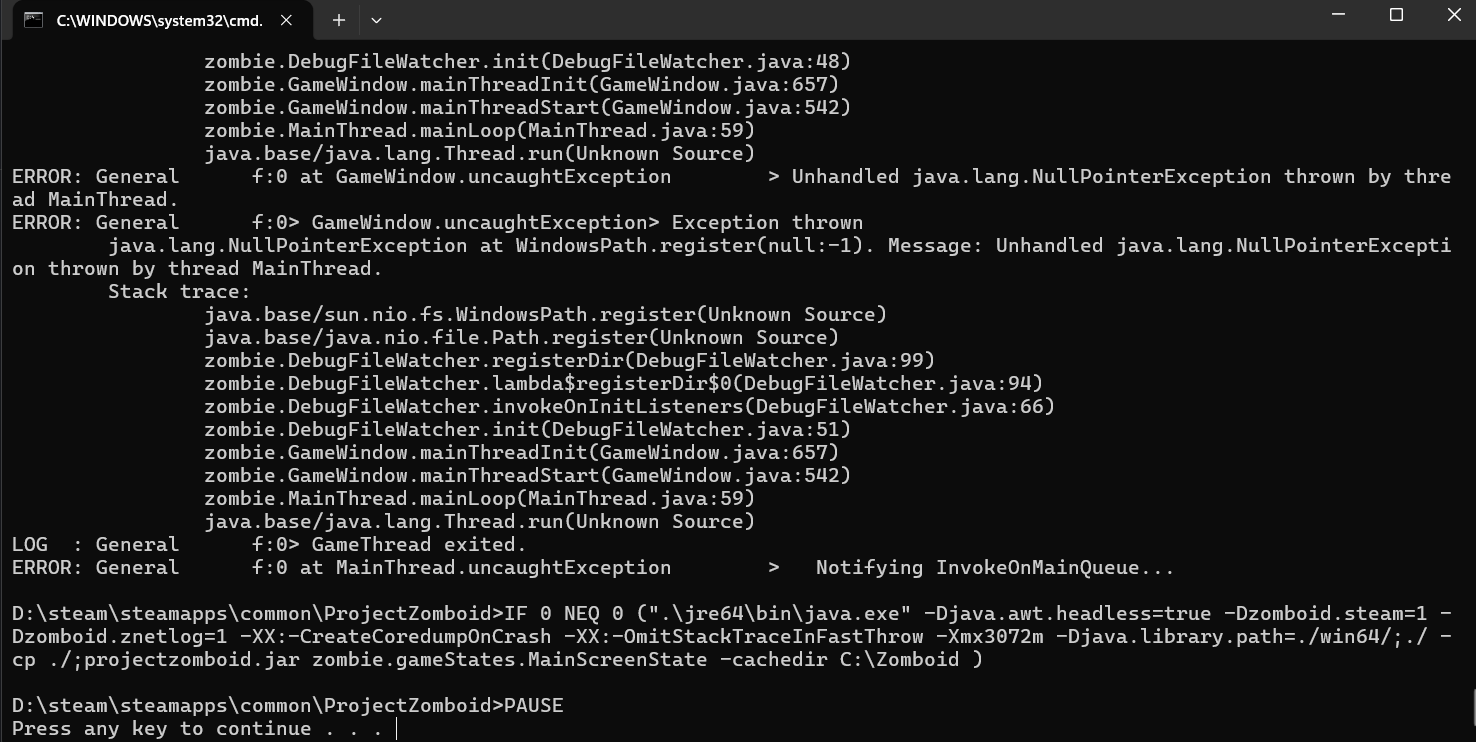 the game refuses to lunch, i tried reinstaling, checking files but nothin, only when i used "-cachedir=C:\Zomboid" in the lunch option, i downloaded some new mods and i tried lunching the game and the problem appeared again